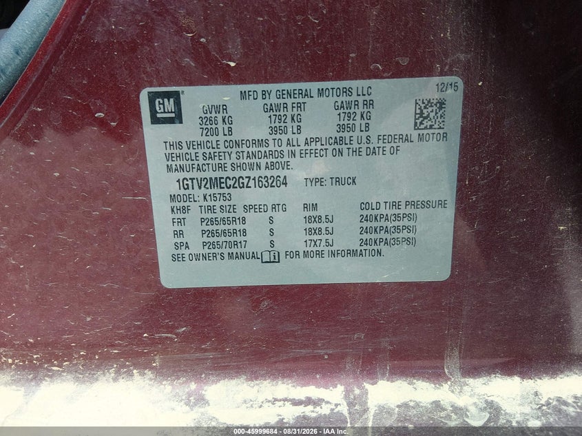 2016 Gmc SIERRA VIN 1GTV2MEC2GZ163264 IAAI salvage auction — ROOF, Salvage Title, sold $4,225 on 2026-10-02 (photo 9)
