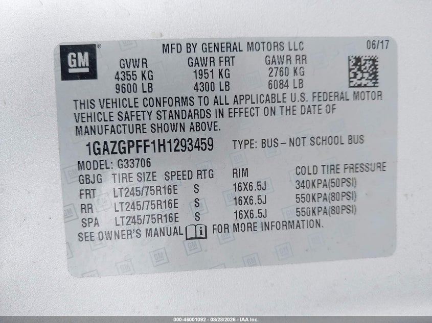 2017 Chevrolet Express 3500 VIN 1GAZGPFF1H1293459 IAAI salvage auction — NORMAL WEAR, Sf97 (Washington), sold $19,300 on 2026-09-10 (photo 9)