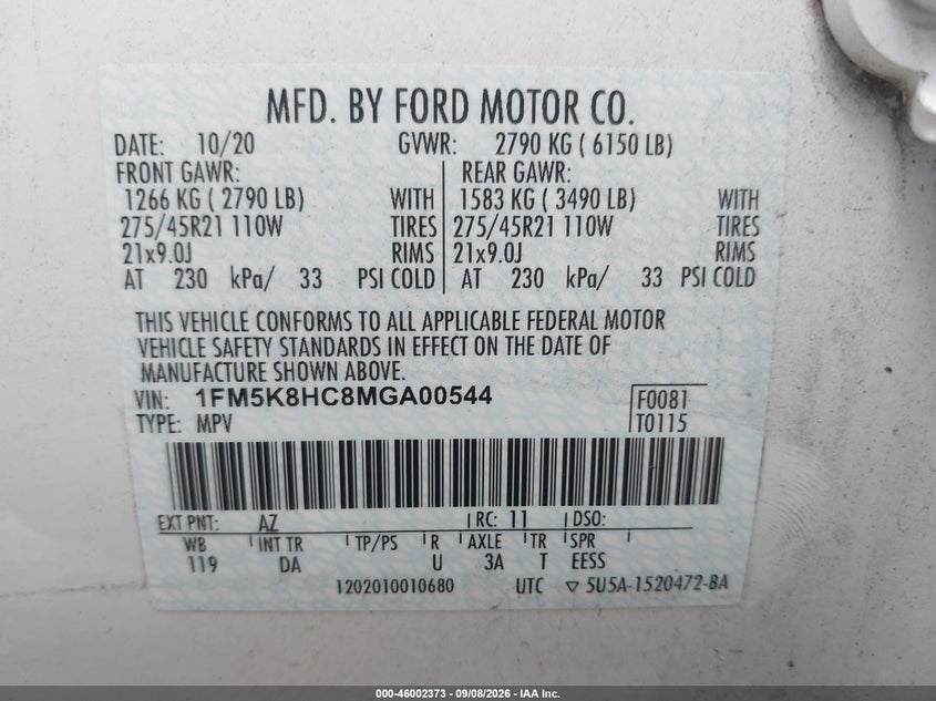 2021 Ford Explorer VIN 1FM5K8HC8MGA00544 IAAI salvage auction — REAR END, Salvage (Massachusetts), sold $8,000 on 2026-10-09 (photo 9)