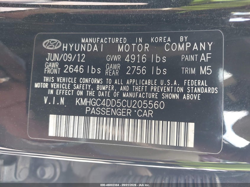 2012 Hyundai Genesis VIN KMHGC4DD5CU205560 IAAI salvage auction — UNDERCARRIAGE, Clear (Mississippi), sold $875 on 2026-09-24 (photo 9)