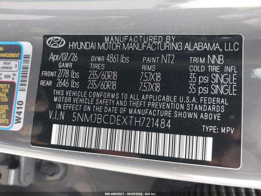 2026 Hyundai Tucson VIN 5NMJBCDEXTH721484 IAAI salvage auction — REAR END, Enterprise Vehicles Clear Only (Indiana), sold $11,300 on 2026-09-02 (photo 9)