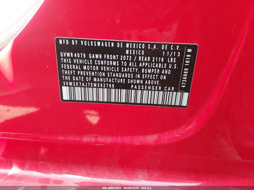2014 Volkswagen Jetta VIN 3VW2K7AJ7EM392768 IAAI salvage auction — NORMAL WEAR, Clear (South Carolina), sold $650 on 2026-09-11 (photo 9)