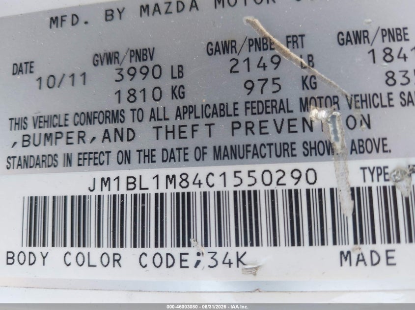 2012 Mazda 3 VIN JM1BL1M84C1550290 IAAI salvage auction — RIGHT SIDE, Salvage (California), sold $675 on 2026-09-11 (photo 9)