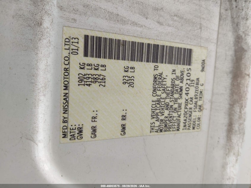 2013 Nissan Leaf VIN 1N4AZ0CPXDC402105 IAAI salvage auction — NORMAL WEAR, Clear - Dealer Only (California), sold $575 on 2026-09-11 (photo 9)