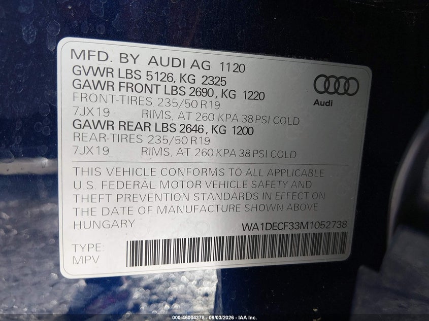 2021 Audi Q3 VIN WA1DECF33M1052738 IAAI salvage auction — FRONT END, Salvage Title, sold $6,950 on 2026-10-02 (photo 9)