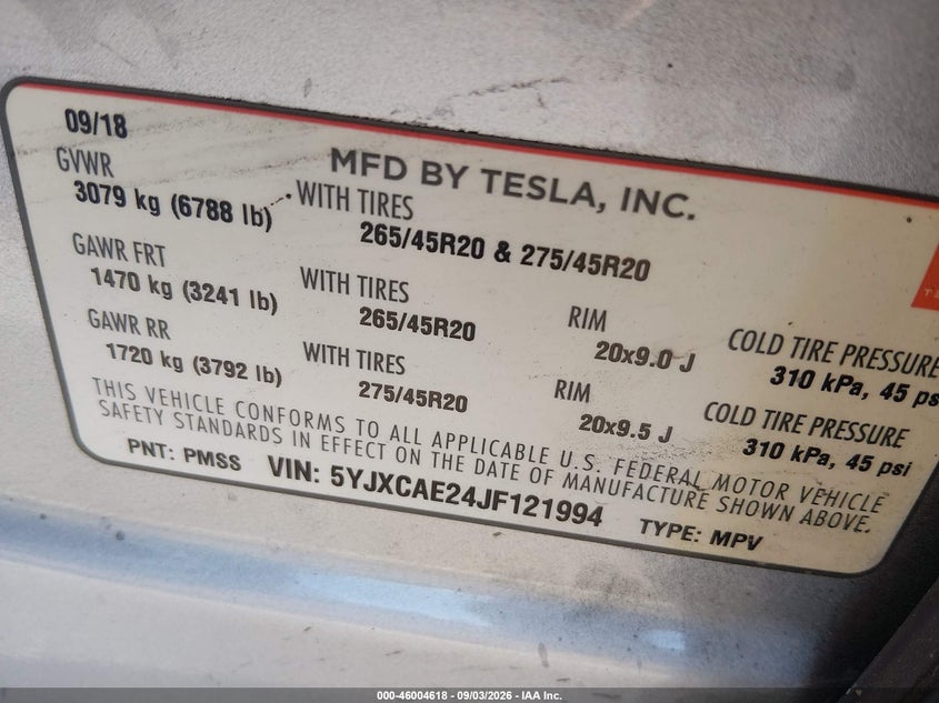 2018 Tesla Model x VIN 5YJXCAE24JF121994 IAAI salvage auction — FRONT END, Salvage Title, sold $7,025 on 2026-10-14 (photo 9)