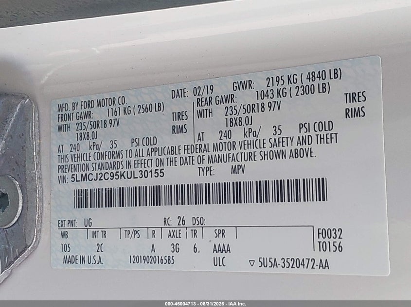 2019 Lincoln Mkc VIN 5LMCJ2C95KUL30155 IAAI salvage auction — SIDE, Wait Title, sold $5,700 on 2026-09-27 (photo 9)
