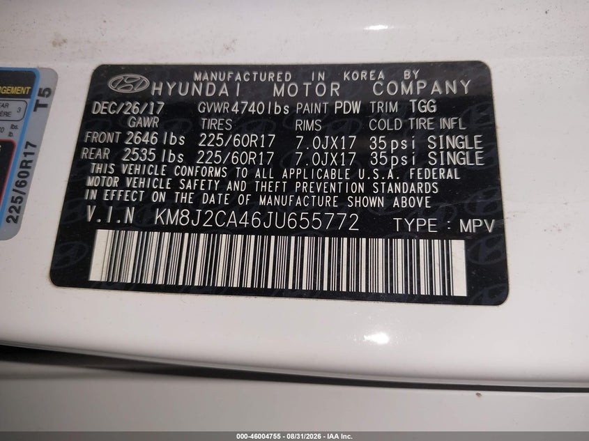 2018 Hyundai Tucson VIN KM8J2CA46JU655772 IAAI salvage auction — NORMAL WEAR, Sf97 (New York), sold $8,900 on 2026-09-14 (photo 9)