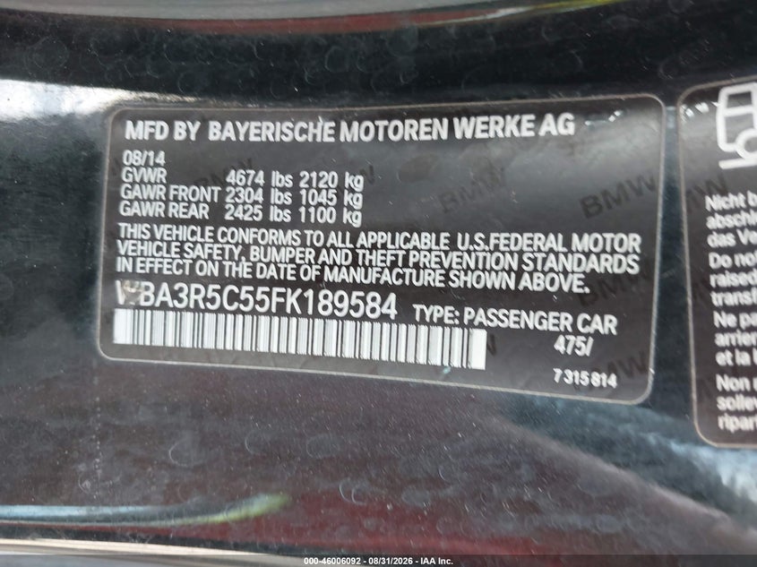 2015 BMW 4er VIN WBA3R5C55FK189584 IAAI salvage auction — UNDERCARRIAGE, Salvage Title, sold $7,800 on 2026-10-03 (photo 9)