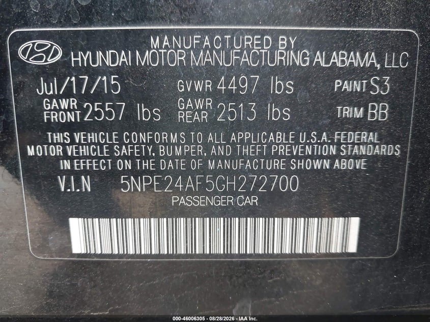 2016 Hyundai Sonata VIN 5NPE24AF5GH272700 IAAI salvage auction — NORMAL WEAR, Clear - Dealer Only (California), sold $1,550 on 2026-09-05 (photo 9)