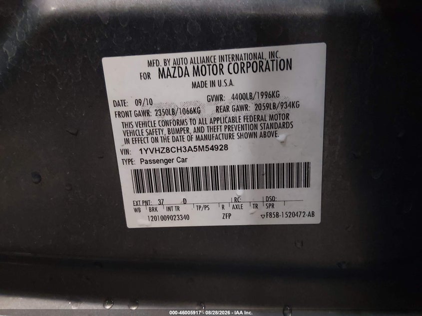 2010 Mazda 6 VIN 1YVHZ8CH3A5M54928 IAAI salvage auction — FRONT END, Salvage (Idaho), sold $625 on 2026-10-04 (photo 9)