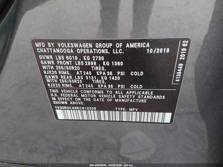 2019 Volkswagen Atlas VIN 1V2UR2CA5KC610208 IAAI salvage auction — LEFT FRONT, Salvage (Massachusetts), sold $300 on 2026-09-02 (photo 9)