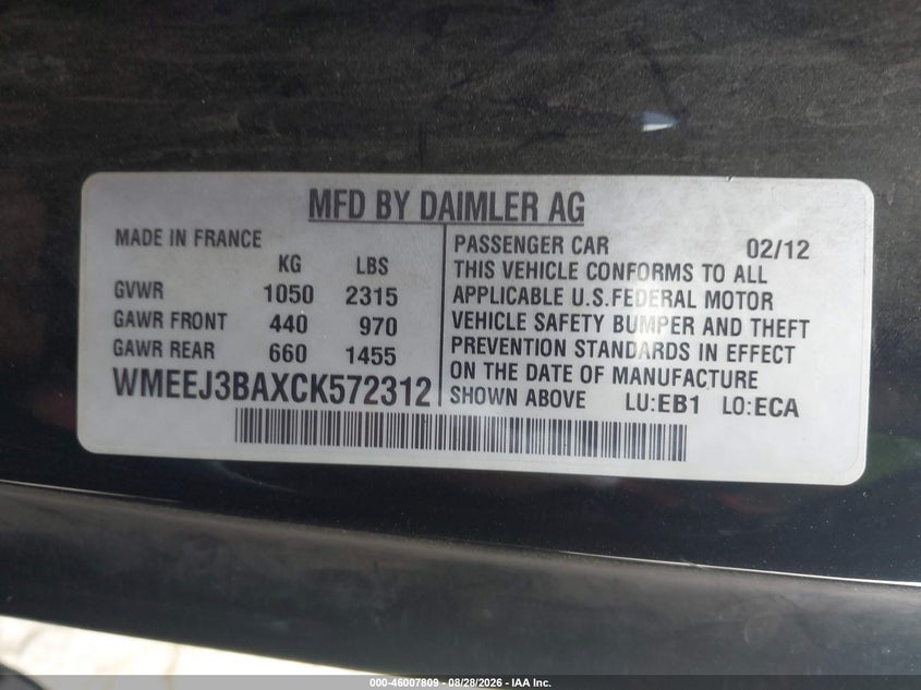 2012 Smart Fortwo VIN WMEEJ3BAXCK572312 IAAI salvage auction — NORMAL WEAR, Clear - Dealer Only (California), sold $50 on 2026-09-09 (photo 9)