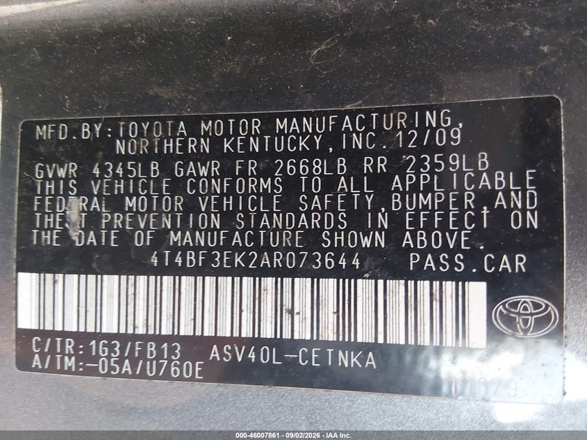 2010 Toyota Camry VIN 4T4BF3EK2AR073644 IAAI salvage auction — NORMAL WEAR, Clear (Illinois), sold $750 on 2026-09-22 (photo 9)
