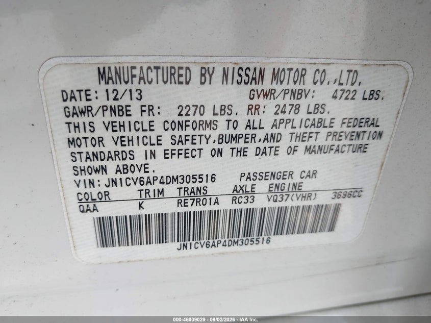 2013 Infiniti G VIN JN1CV6AP4DM305516 IAAI salvage auction — REAR END, Wait Title, sold $1,400 on 2026-09-16 (photo 9)