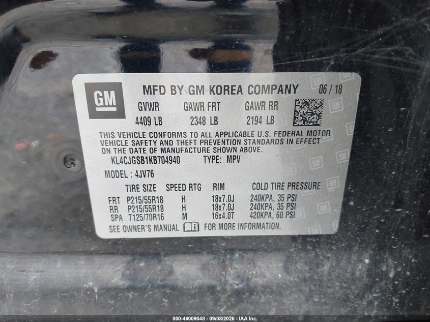 2019 Buick Encore VIN KL4CJGSB1KB704940 IAAI salvage auction — STORM DAMAGE, Salvage (Pennsylvania), sold $1,900 on 2026-09-22 (photo 9)