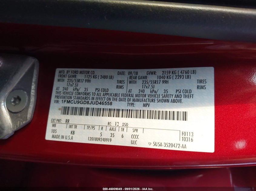 2018 Ford Escape VIN 1FMCU9GD8JUD46558 IAAI salvage auction — LEFT SIDE, Salvage Title, sold $1,975 on 2026-09-16 (photo 9)