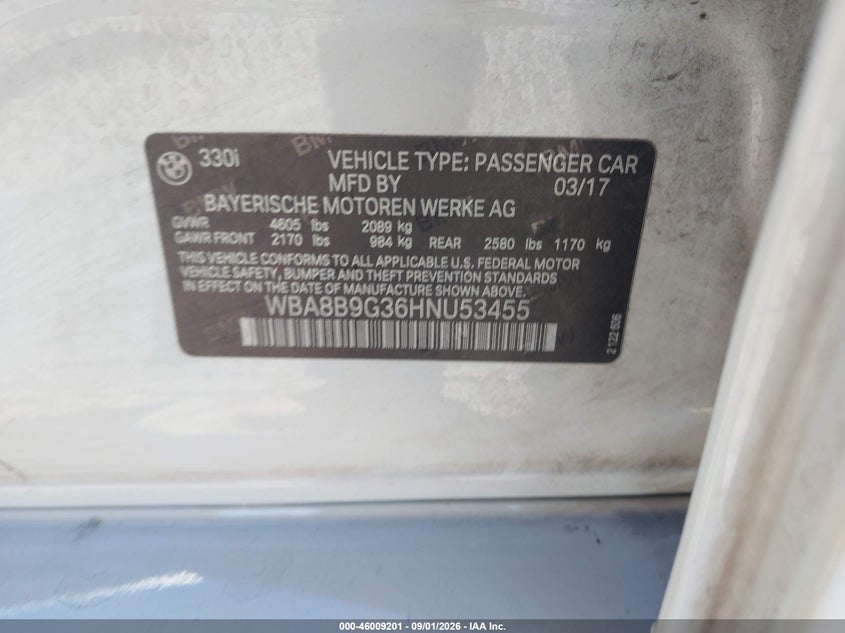 2017 BMW 3er VIN WBA8B9G36HNU53455 IAAI salvage auction — FRONT END, Wait Title, sold $3,100 on 2026-10-10 (photo 9)