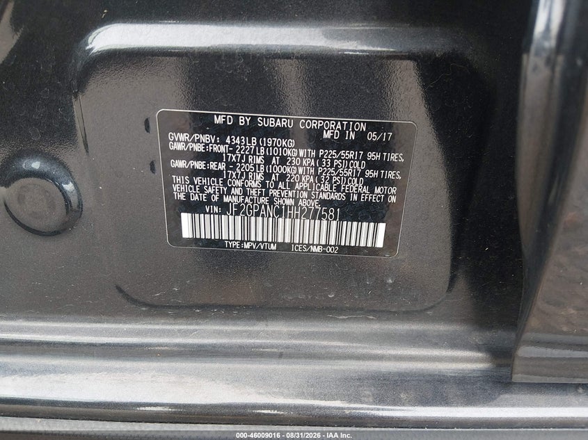 2017 Subaru Crosstrek VIN JF2GPANC1HH277581 IAAI salvage auction — NORMAL WEAR, Clear (Colorado), sold $7,750 on 2026-09-15 (photo 9)
