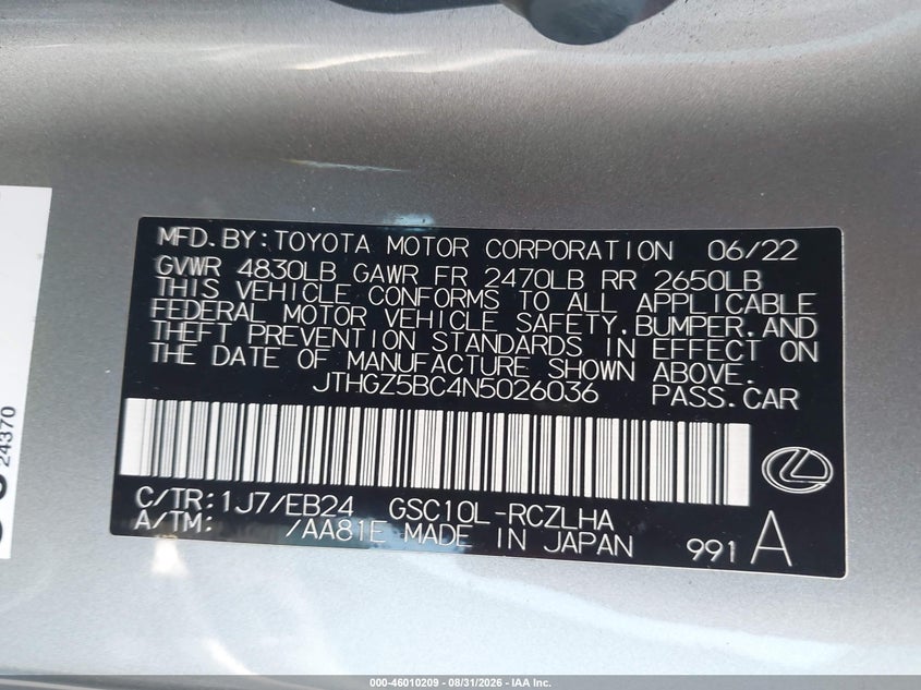 2022 Lexus Rc VIN JTHGZ5BC4N5026036 IAAI salvage auction — FRONT END, Salvage (California), sold $14,400 on 2026-09-18 (photo 9)