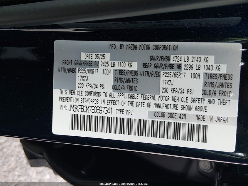 2025 Mazda Cx-5 VIN JM3KFBCM7S0697341 IAAI salvage auction — FRONT END, Salvage Title, sold $10,450 on 2026-09-21 (photo 9)