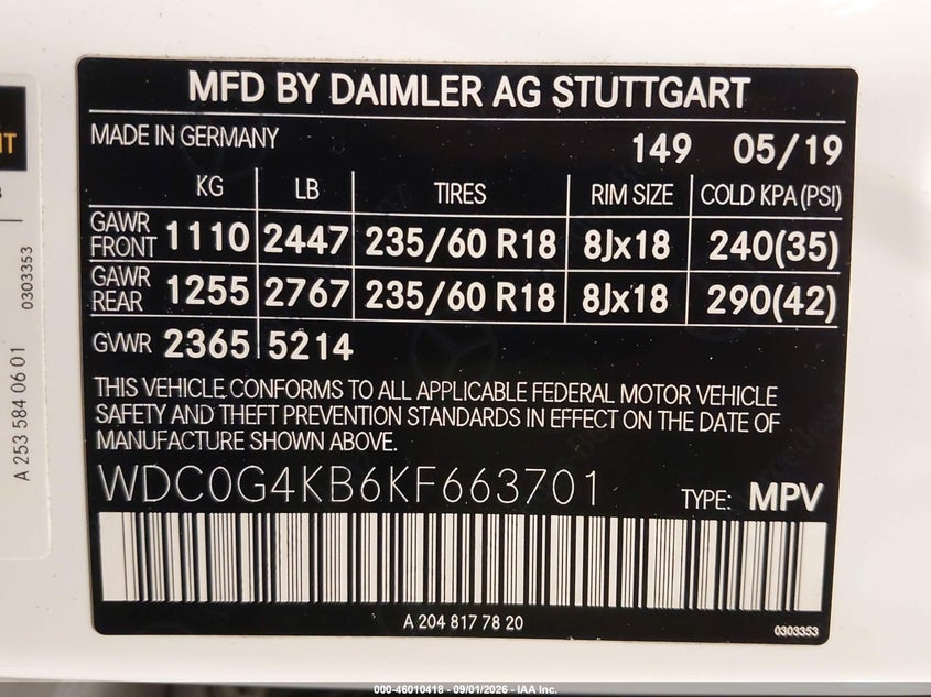 2019 Mercedes-Benz GLC-Class VIN WDC0G4KB6KF663701 IAAI salvage auction — FRONT END, Wait Title, sold $7,600 on 2026-10-06 (photo 9)