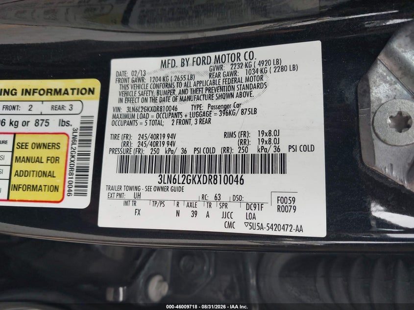 2013 Lincoln Mkz VIN 3LN6L2GKXDR810046 IAAI salvage auction — NORMAL WEAR, Clear - Dealer Only (California), sold $25 on 2026-09-16 (photo 9)
