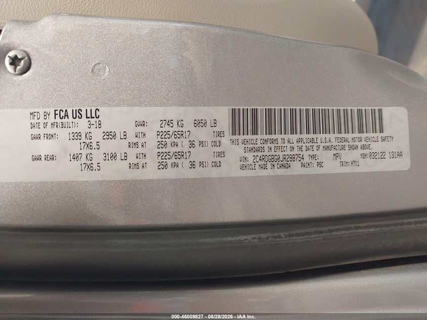 2018 Dodge Grand caravan VIN 2C4RDGBG0JR288754 IAAI salvage auction — NORMAL WEAR, Sf97 (Washington), sold $7,100 on 2026-09-10 (photo 9)