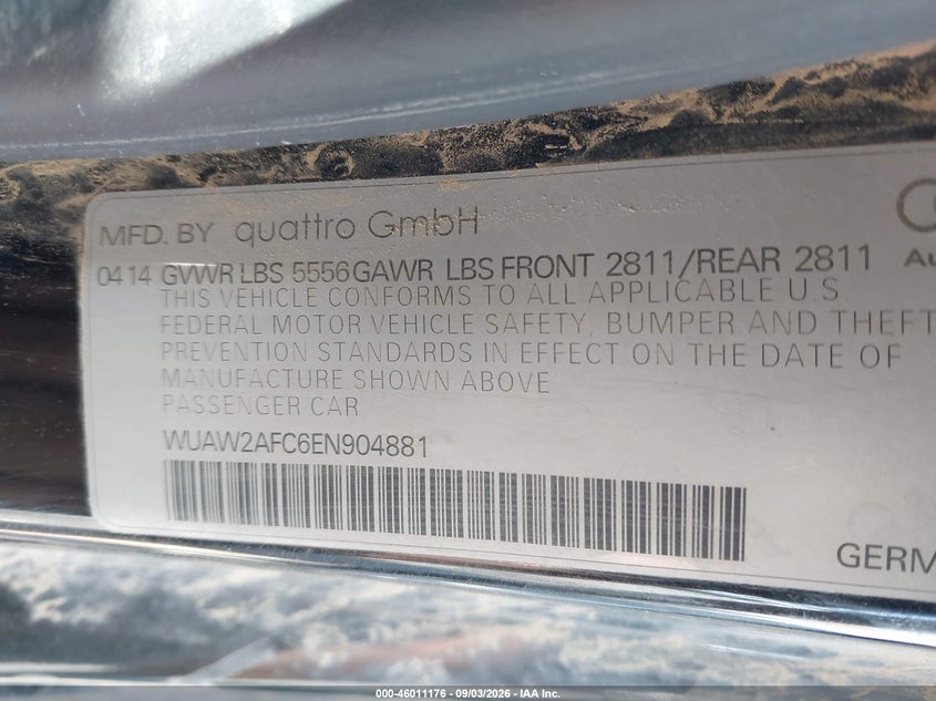 2014 Audi Rs7 VIN WUAW2AFC6EN904881 IAAI salvage auction — LEFT FRONT, Wait Title, sold $11,150 on 2026-09-30 (photo 9)