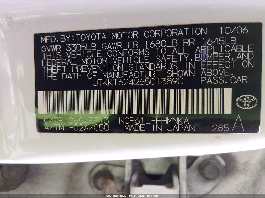 2006 Scion Xa VIN JTKKT624265013890 IAAI salvage auction — REAR END, Original (Texas), sold $900 on 2026-10-08 (photo 9)