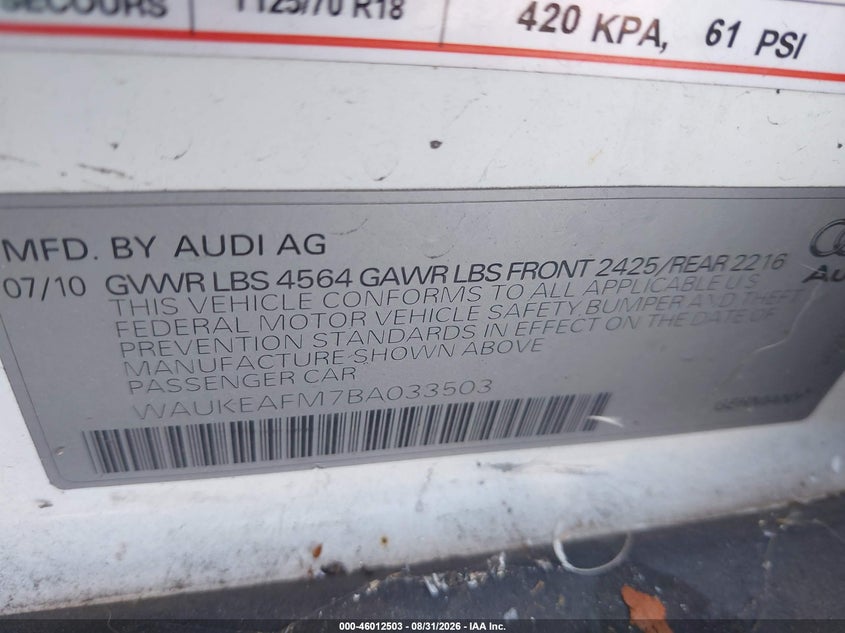 2011 Audi A3 VIN WAUKEAFM7BA033503 IAAI salvage auction — SIDE, Salvage (California), sold $1,250 on 2026-09-12 (photo 9)