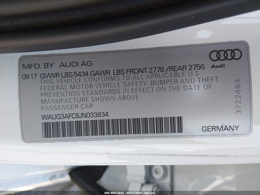 2018 Audi A6 VIN WAUG3AFC8JN033634 IAAI salvage auction — RIGHT SIDE, Salvage (California), sold $5,100 on 2026-09-11 (photo 9)