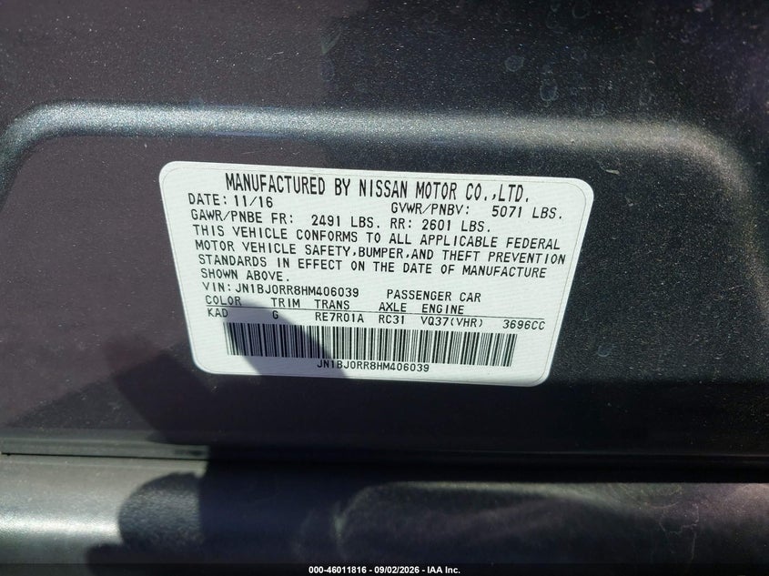 2017 Infiniti Qx50 VIN JN1BJ0RR8HM406039 IAAI salvage auction — SIDE, Salvage Certificate (California), sold $1,650 on 2026-09-06 (photo 9)