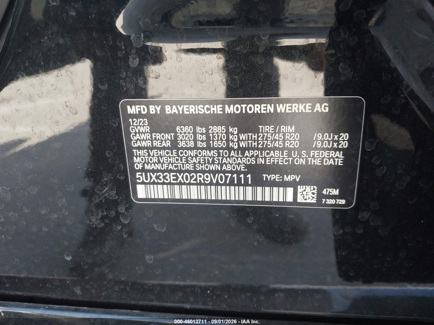 2024 BMW X6 VIN 5UX33EX02R9V07111 IAAI salvage auction — LEFT FRONT, Wait Title, sold $37,200 on 2026-09-28 (photo 9)