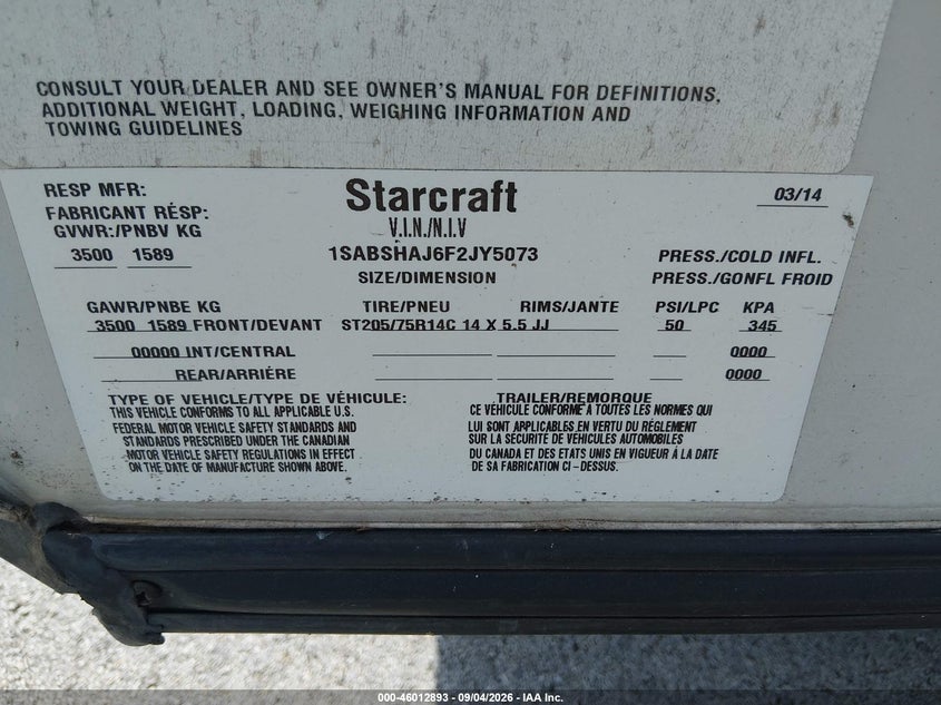 2015 Starcraft Launch VIN 1SABSHAJ6F2JY5073 IAAI salvage auction — Right Side, Salvage, sold $100 on 2026-10-13 (photo 9)