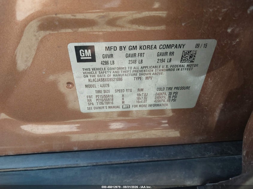 2016 Buick Encore VIN KL4CJASBXGB521086 IAAI salvage auction — NORMAL WEAR, Clear (Missouri), sold $1,700 on 2026-09-23 (photo 9)