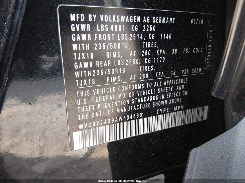 2010 Volkswagen Tiguan VIN WVGBV7AX9AW534560 IAAI salvage auction — NORMAL WEAR, Original (Ohio), sold $325 on 2026-09-11 (photo 9)