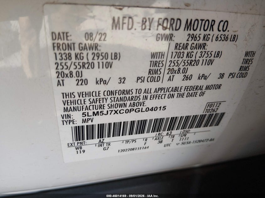 2023 Lincoln Aviator VIN 5LM5J7XC0PGL04015 IAAI salvage auction — FRONT END, Wait Title, sold $14,500 on 2026-10-03 (photo 9)