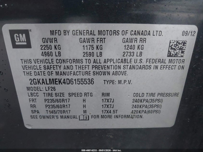 2013 Gmc Terrain VIN 2GKALMEK4D6155536 IAAI salvage auction — NORMAL WEAR, Clear (Connecticut), sold $875 on 2026-09-08 (photo 9)