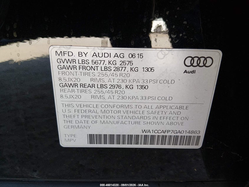 2016 Audi Sq5 VIN WA1CCAFP7GA014863 IAAI salvage auction — NORMAL WEAR, Clear - Dealer Only (California), sold $2,200 on 2026-09-28 (photo 9)