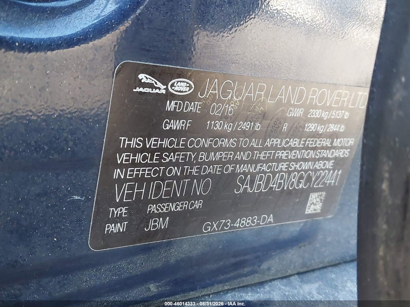 2016 Jaguar Xf VIN SAJBD4BV8GCY22441 IAAI salvage auction — NORMAL WEAR, Clear (Florida), sold $1,525 on 2026-09-12 (photo 9)