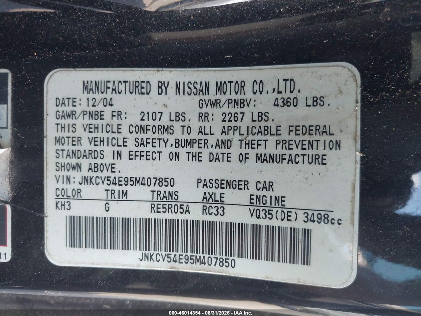 2005 Infiniti G35 VIN JNKCV54E95M407850 IAAI salvage auction — NORMAL WEAR, Clear (Georgia), sold $825 on 2026-09-16 (photo 9)
