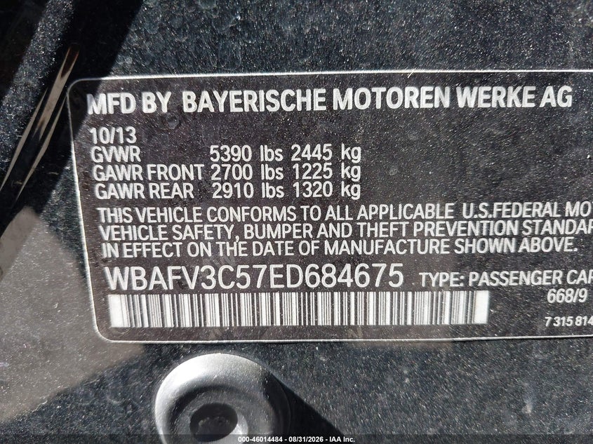 2014 BMW 5 series VIN WBAFV3C57ED684675 IAAI salvage auction — NORMAL WEAR, Clear (Massachusetts), sold $2,625 on 2026-09-11 (photo 9)