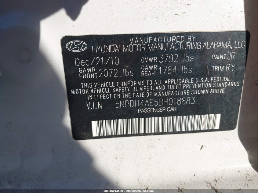 2011 Hyundai Elantra VIN 5NPDH4AE5BH018883 IAAI salvage auction — NORMAL WEAR, Clear (Pennsylvania), sold $0 on 2026-09-27 (photo 9)