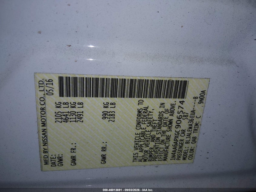 2016 Nissan Maxima VIN 1N4AA6APXGC906574 IAAI salvage auction — FRONT END, Salvage (Arizona), sold $875 on 2026-09-28 (photo 9)