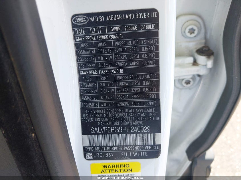 2017 Land rover Range rover evoque VIN SALVP2BG9HH240029 IAAI salvage auction — REAR END, Salvage (Arizona), sold $3,000 on 2026-09-06 (photo 9)