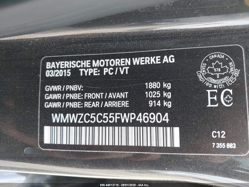 2015 Mini Countryman VIN WMWZC5C55FWP46904 IAAI salvage auction — RIGHT REAR, Wait Title, sold $1,800 on 2026-10-06 (photo 9)