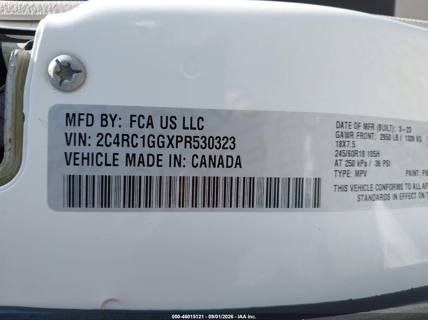 2023 Chrysler Pacifica VIN 2C4RC1GGXPR530323 IAAI salvage auction — REAR END, Clear (Tennessee), sold $8,350 on 2026-09-24 (photo 9)