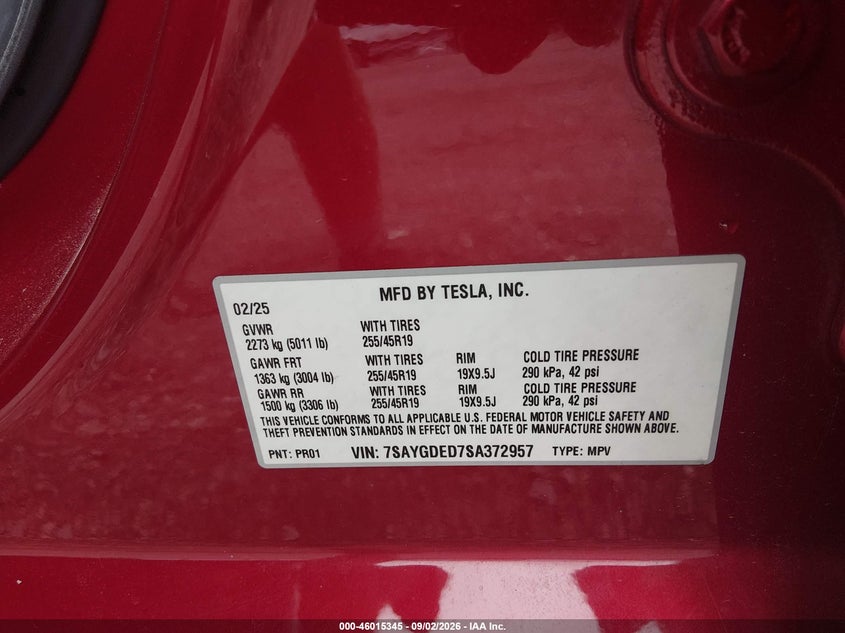 2025 Tesla Model y VIN 7SAYGDED7SA372957 IAAI salvage auction — REAR END, Wait Title, sold $3,150 on 2026-10-11 (photo 9)