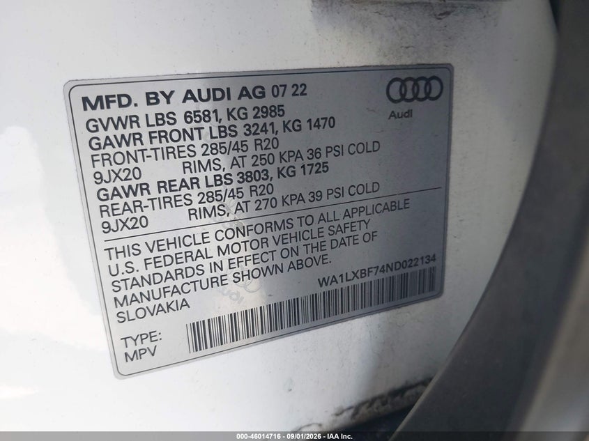 2022 Audi Q7 VIN WA1LXBF74ND022134 IAAI salvage auction — FRONT END, Wait Title, sold $16,050 on 2026-09-16 (photo 9)
